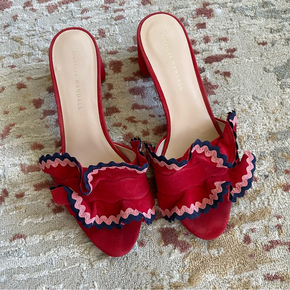 LOEFFLER RANDALL Vera City Red Suede Ruffle Slide Sandals
